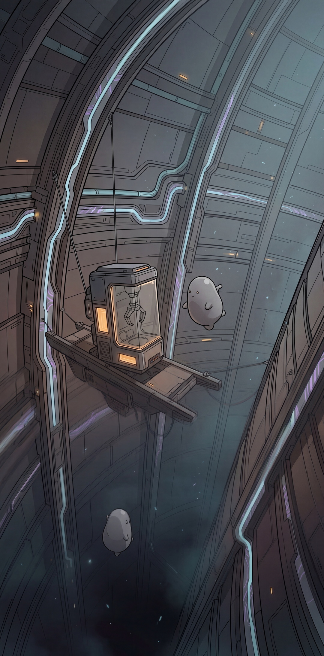 Dim atmospheric environment with circuit board green light traces, dark steel walls, low-key industrial sci-fi lighting, deep shadows